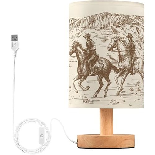 Bedside Lamp Western Desert Cowboy Table Lamp for Bedroom LED Nightstand Lamp Shade USB Ports Wood Base for Living Room Dorm Office