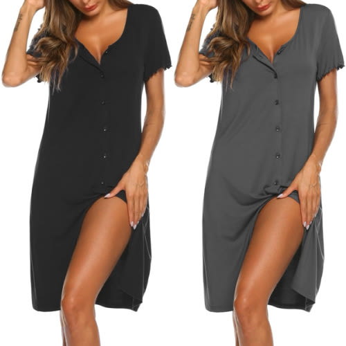 Ekouaer 2 Pack Nightgowns for Women Button Down Night Shirts Short Sleeve Sleep Shirts V Neck Sleepwear Pajama Dress
