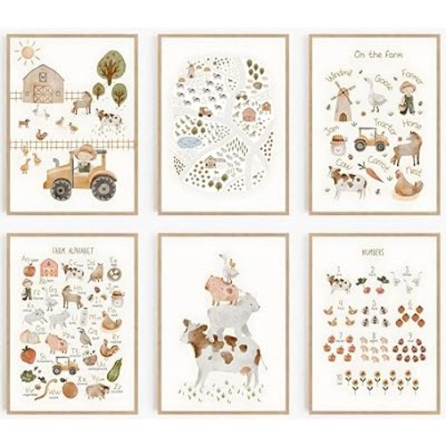 6 Pcs Farm Nursery Wall Art Kids Room Canvas Wall Decor Simple Alphabet Cute Animals Pictures Prints Posters for Farmhouse Kids Room Girls Boys Home Decoration (8x10 inch,Set of 6,Unframed)