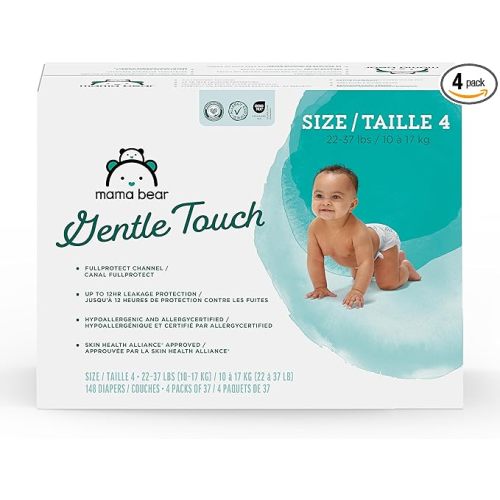 Amazon Brand - Mama Bear Gentle Touch Baby Diapers, Formulated without Fragrance, Size 4, 148 Count (4 packs of 37), with Skin Protection and Leak Protection