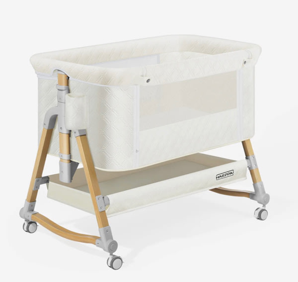 HARPPA Cuddly 3-in-1 Baby Bassinet Bedside Sleeper for Reflux | Attaches to Bed, Adjustable 5 Heights, Non-Toxic & CPSC Certified | Sturdy Aluminum Frame, Portable Wheels, Tool-Free Setup, Gentle Rocking | Perfect for Newborns, Infants, Small Spaces & Saf