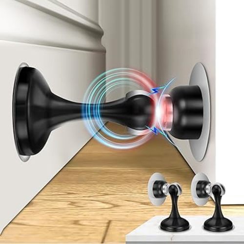2 Pack Magnetic Door Stoppers, Stainless Steel Door Stops for Wall and Floor Mounting, Door Holder Keep Door Open, No Drilling Door Stop with 3D Adhesive Tapes, Black