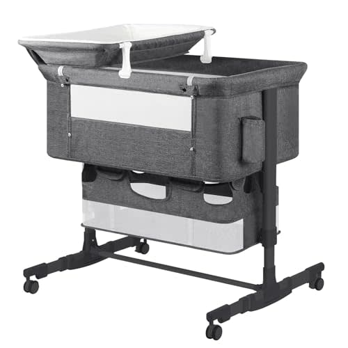 UNISWAN Baby Bassinet Bedside Sleeper with Diaper Changing Station + Mosquito Net + 16gallon Capacity Storage, Adjustable & Portable Bassinet Cosleeping Baby Bed (Black Grey)