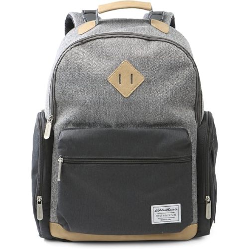 Eddie Bauer Places & Spaces Bridgeport Diaper Bag Backpack, Cooler Bottle Pockets and Changing Pad Included, Light Grey and Tan