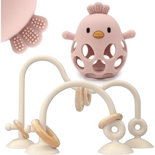Baby High Chair Suction Toys Teething Chew - Baby Table Toys, Teething Toys Silicone Teethers, Food Grade Silicon for 6 12 18 Months (Beige Rosepink)
