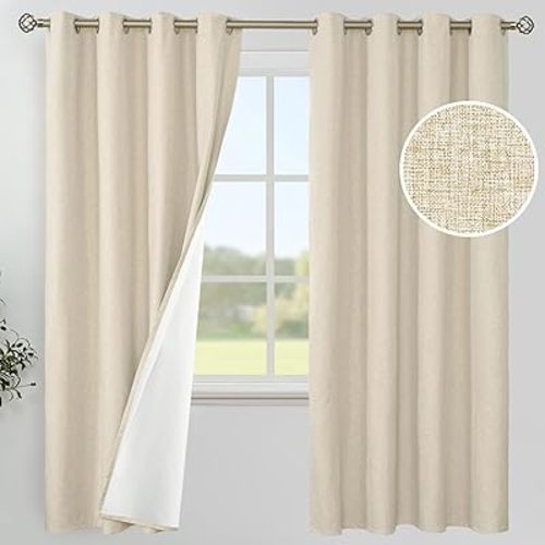 YoungsTex Beige Linen 100% Blackout Curtains 72 Inch Length for Bedroom Living Room, Grommet Thermal Insulated Full Room Darkening Drapes Shading with White Liner, 2 Panels, 52 X 72 Inch