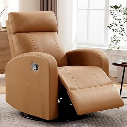 Swivel Rocker Recliner Chair, Manual Leather Recliner, Glider Rocking Recliner Chair 360°Swivel Nursery Reclining Chair with Adjustable Headrest/Highback for Living Room, Brown