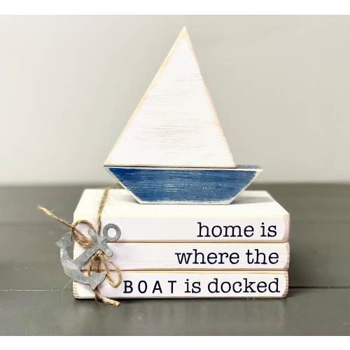 Nautical book stack, Wood sailboat, Handmade, Nautical decor, Lake house, Cottage, Tiered tray decor