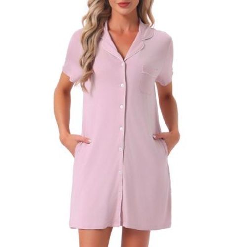INSPIRE CHIC Women's 2 Pcs Pajama Dress Button Down Short Sleeve Sleep Shirts Nightshirt Nightgowns with Pockets Small Pink