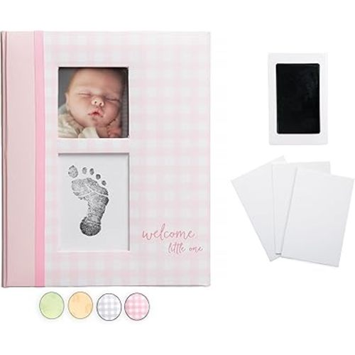 Pearhead Gingham Baby Memory Book and Clean-Touch Ink Pad, Baby Girl Accessory, Baby Milestones Photo Album, Pink