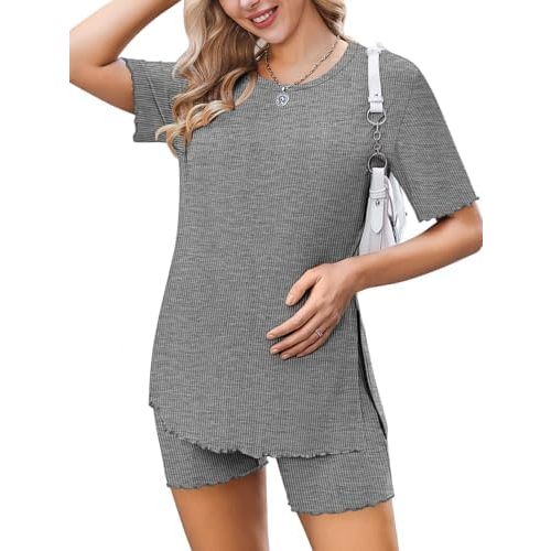 Ekoauer Women 2 Piece Maternity Pajamas Set Lightweight Pregnancy Outfit Ribbed Knit Postpartum Loungewear Set with Pocket