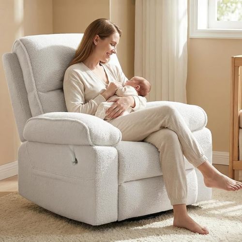 Nursery Rocking Chairs Glider Recliner with Flexible Phone Holder,Comfortable Nursing Chair Swivel Rocker Recliner for Baby Breastfeeding, Velvet, Beige