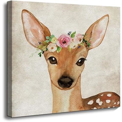 ORIDOMY Cute Deer Baby Wall Décor for Toddler Boys Girls Room Retro Deer Wearing a Wreath Wall Art Wild Animal Portrait Painting Collection for Bedroom Bathroom Nursery Decor Kids Gifts 12x12inch
