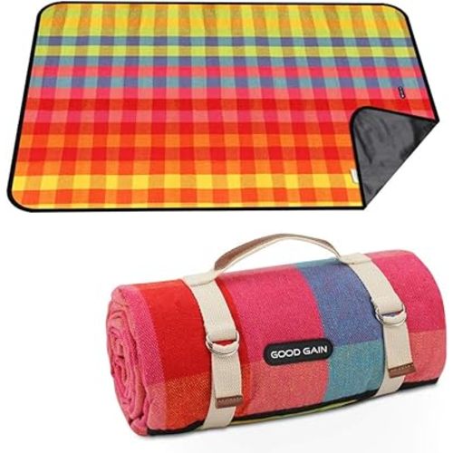 G GOOD GAIN Waterproof Picnic Blanket Portable with Carry Strap for Beach Mat or Family Outdoor Camping Party (red Plaid)