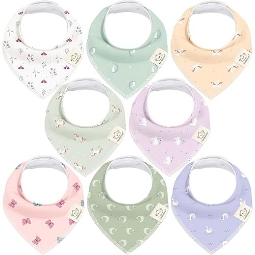 8-Pack Organic Baby Bandana Bibs for Girls - Super Absorbent Triangle Baby Bibs for Drooling and Teething Infant, 100% Cotton Extra Soft for Newborn, Infant 0-36 Months (Lunaris)
