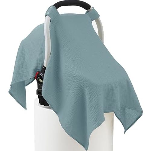100% Muslin Cotton Car Seat Cover Baby, Carseat Canopy Cover, Universal Fit Stroller Covers for Boys and Girls (Blue)