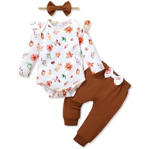 YALLET Baby Girl Clothes Newborn Infant Girl Outfits Floral Romper+Pants+Headband Fall Baby Layettes for Clothing 0-18 Months
