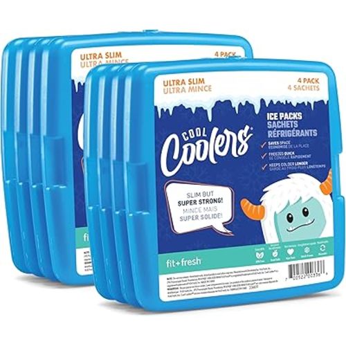 Cool Coolers by Fit + Fresh, 4 Pack Slim Ice Packs, Space Saving Reusable Ice Packs for Lunch Boxes or Coolers