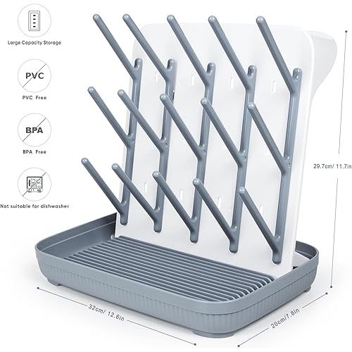 Termichy Baby Bottle Drying Rack: Large Vertical Bottle Dryer Rack Holder - Space Saving Standing Drying Rack for Baby Bottles and Pump Part Cleaning (Gray)