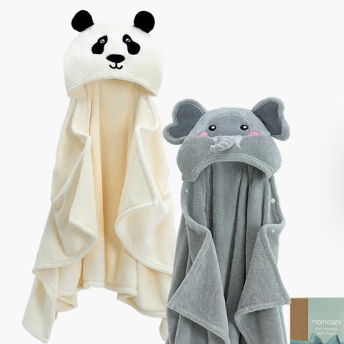 Soft Coral Fleece Baby Hooded Towels - Elephant & Panda