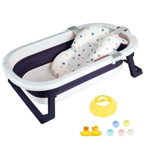 Hurber Folding Baby Bathtub, Infant Bath Tub with Anti Slip Pad, Boys, Blue w/Floating Pad
