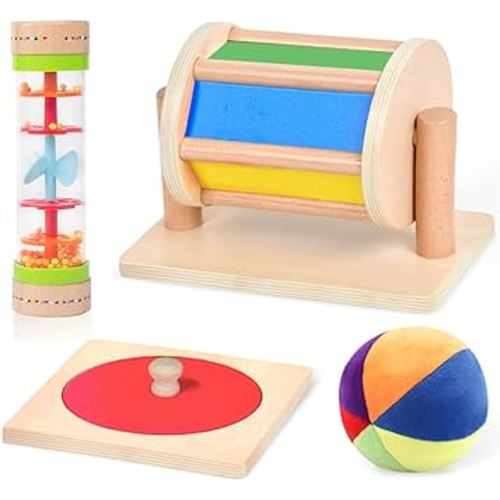 Montessori Toys for Babies 0-6 Months, 4 in 1 Learning Educational Set Newborn Toys Set with Spinning Drum, Rainbow Ball, Baby Rain Stick, Mirror Puzzles, for 1 Year Old Infant Sensory Toys for Baby