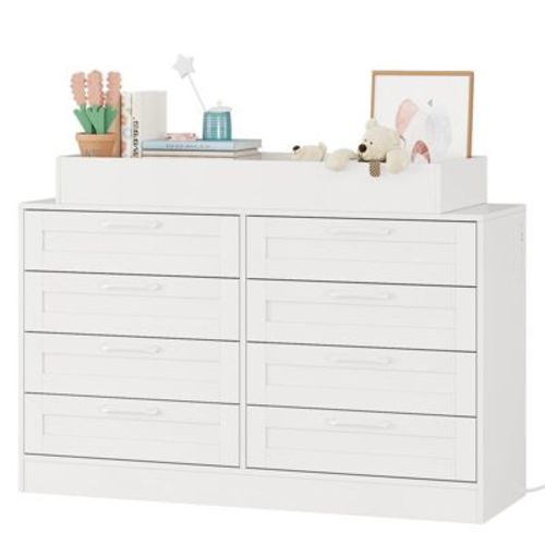 Baby Changing Dresser with 8 Drawers – Wooden Nursery Dresser with Safety Rail & Open Shelf