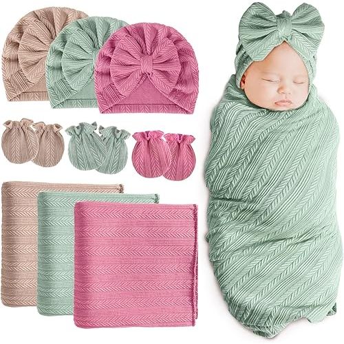 DRESHOW BQUBO Newborn Receiving Blanket Hat Mittens Set for Baby, Unisex Baby Boys Girls Essentials, Newborn Registry Must Haves, Stroller Crib Shower Gifts