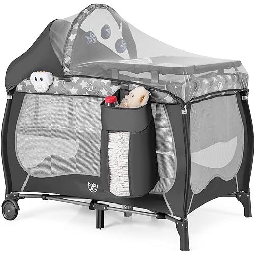 BABY JOY 4 in 1 Pack and Play, Portable Baby Playard with Bassinet, Adjustable Canopy, Changing Table, Lockable Wheels, Music Box, Travel Baby Crib Bassinet from Newborn to Toddler