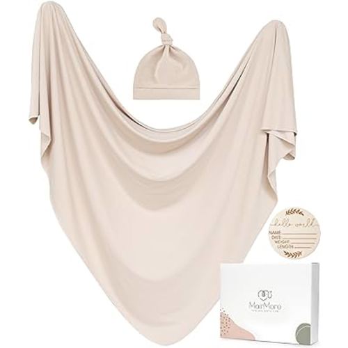Baby Swaddle Receiving Blankets with Matching Beanie Set Newborn Nursery Swaddle Wrap for Baby Girls and Boys (Apricot)