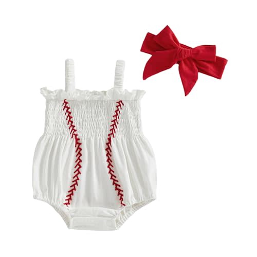 Newborn Baby Girl Baseball Outfit Smocked Bubble Romper Suspender Onesie Solid Color Headband Cute Summer Clothes