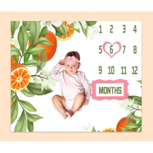 PHMOJEN Baby Monthly Milestone Blanket, Orange Fruit Monthly Milestone Blanket, 48 x 40 Inches Newborn Photography Backdrop 1 to 12 Months Include 4 Frames, 1 Headband, BTXTPH1282