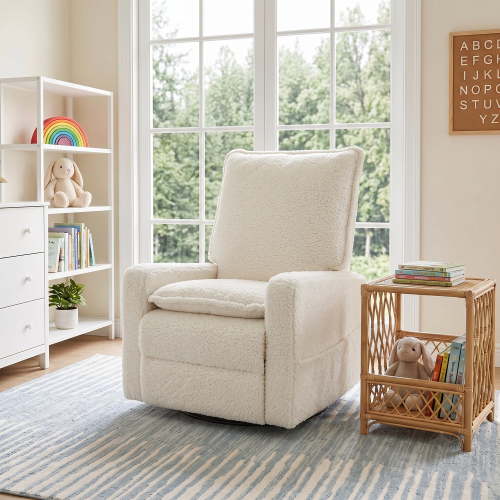 GASEE Baby Upholstered Glider Recliner Rocking Chair 360° Swivel for Nursery and Living Room – Teddy Fleece White