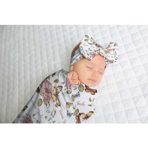 PERSONALIZED BABY GIRL Gown, Flowers Butterflies Custom Name Baby Gown, Vintage Floral Baby Girl Swaddle Blanket, Baby Blanket Bow Headband
