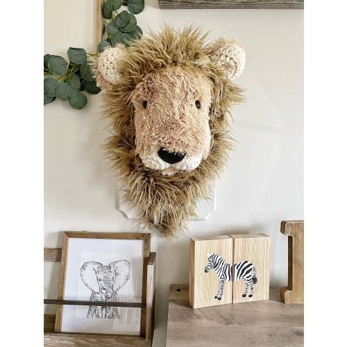 Lion Plush Wall Mount with Crochet Accents for Safari Nursery