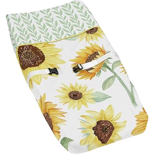 Sweet Jojo Designs Yellow, Green and White Sunflower Boho Floral Girl Baby Nursery Changing Pad Cover - Farmhouse Watercolor Flower