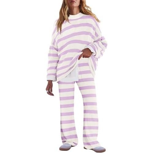 LAMISSCHE Oversized Womens Lounge Set Striped Sweater Set Long Sleeve 2 Piece Pajama Set Top and Pants with Pockets