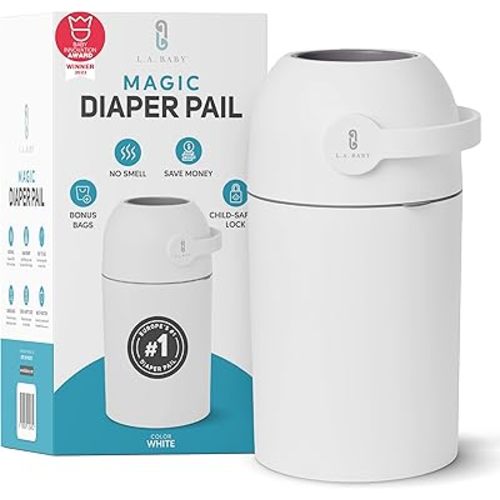 Magic Diaper Pail - Patented 100% Odor-Free System with Child-Safe Lock - Award-Winning Design - No Refills Required - Works with Regular Trash Bags - White