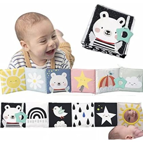 Baby Steps Angel Bear Black White Colorful High Contrast Baby Soft Cloth Book, Tummy Time Toys,Baby Safe Mirror,Teether,Early Educational for Infants Toddlers, Sensory Activity,0-3 Yrs Newborn