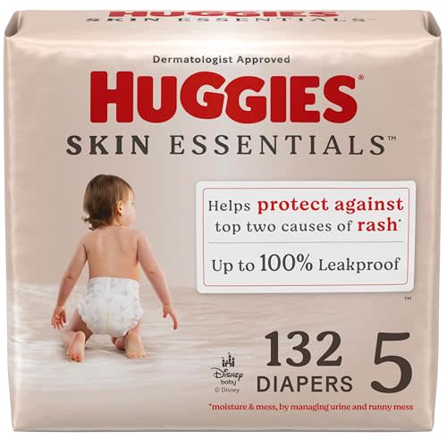 Huggies Size 5 Diapers, Skin Essentials Baby Diapers, Size 5 (27+ lbs), 132 Count (2 Packs of 66), Packaging May Vary
