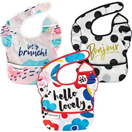 Tiny Twinkle Mess-Proof Baby Bib - Waterproof Bib for Baby Girl - Machine Washable - Adjustable Closure - PVC, BPA, & Phthalate Free - Great for Travel - Baby Food Bibs (3 Pack, Hello Lovely)