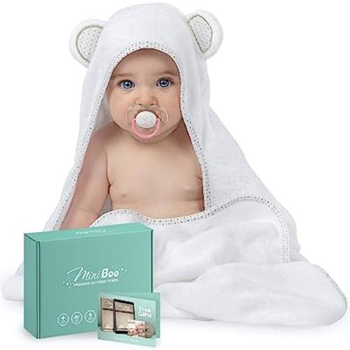 MINIBOO Organic Bamboo Hooded Baby Towel – Ultra Soft and Super Absorbent Baby Bath Towels for Newborns, Infants and Toddlers – Suitable as Baby Gifts