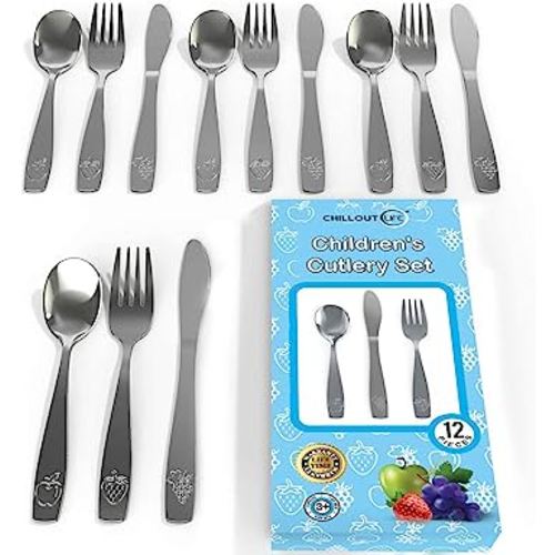 12 Piece Stainless Steel Kids Silverware Set - Child and Toddler Safe Flatware - Kids Utensil Set - Metal Kids Cutlery Set Includes 4 Small Kids Spoons, 4 Forks & 4 Knives