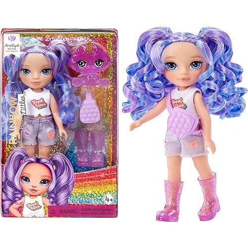 Rainbow High Littles – Amethyst Willow, Purple 5.5" Posable Small Doll with Purse, Magical Pet Dog, Girls Toy Gift, Kids Ages 4-12 Years