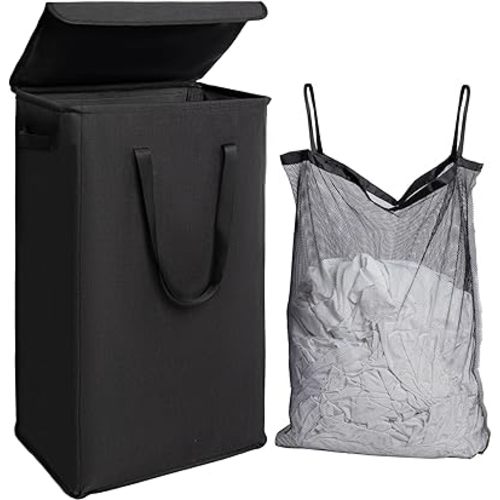 Odonata 75L Slim Laundry Hamper with Lid,Large Foldable Laundry Basket with Removable Bag and Handles Tall Collapsible Dirty Clothes Basket Great for Bedroom, Bathroom, Dorm, College,RV.(Black, 75L)