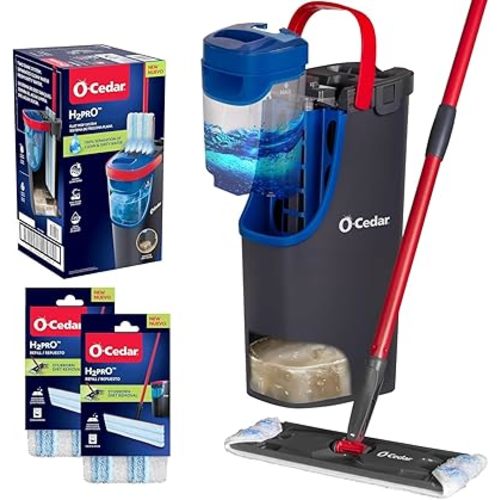 O-Cedar H2prO Flat Mop System with 2 Mop Head Refills | Quick Cleaning Tool | Clean with Clean Water | Machine Washable Reusable Microfiber Mop Pad | Safe on Wood Floors, Vinyl,Tile, Baseboards, Walls