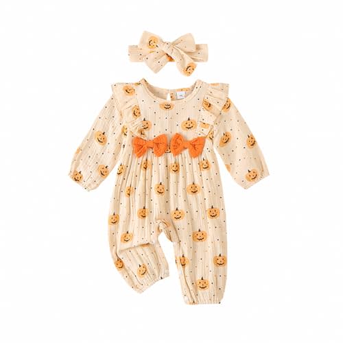 Lenjindjer Newborn Baby Girl Halloween Clothes Puff Sleeve Cotton Linen Ruffle Pumpkin Print Jumpsuit Fall One Piece Outfits