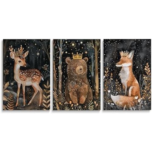 Enchanted Forest Animal Nursery Decor, Set of 3 Canvas Prints, Royal Deer, Crowned Bear, Majestic Fox, Wild Night Forest Nursery Wall Art Decor, Baby Boy Girl Kid Room Decor, Framed 16"x24"