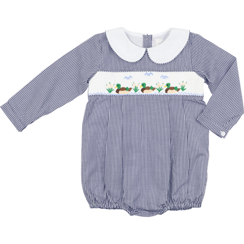Navy Gingham Smocked Mallards Bubble - Cecil and Lou