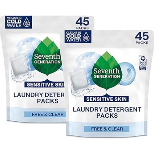 Seventh Generation Laundry Detergent Packs, Free & Clear, 90 Loads (2 pouches, 45 Ct EA)